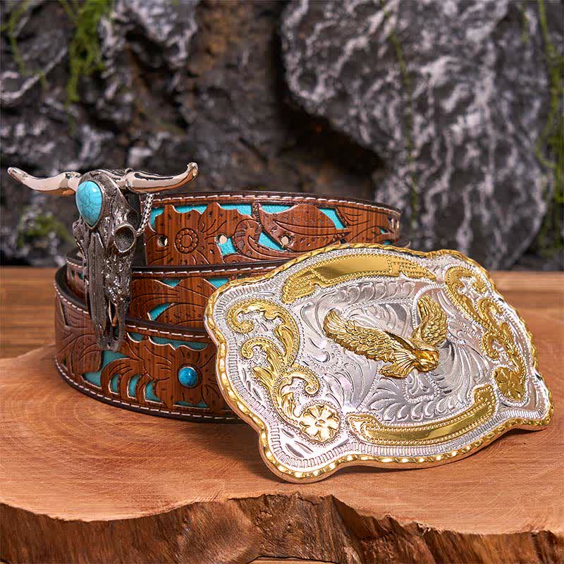 Gold Eagle Diy Belt Buckle Turquoise Longhorn Bull Pendant Bundle Set - Flying Eagle - Turquoise Carved Belt - 42 - image 3