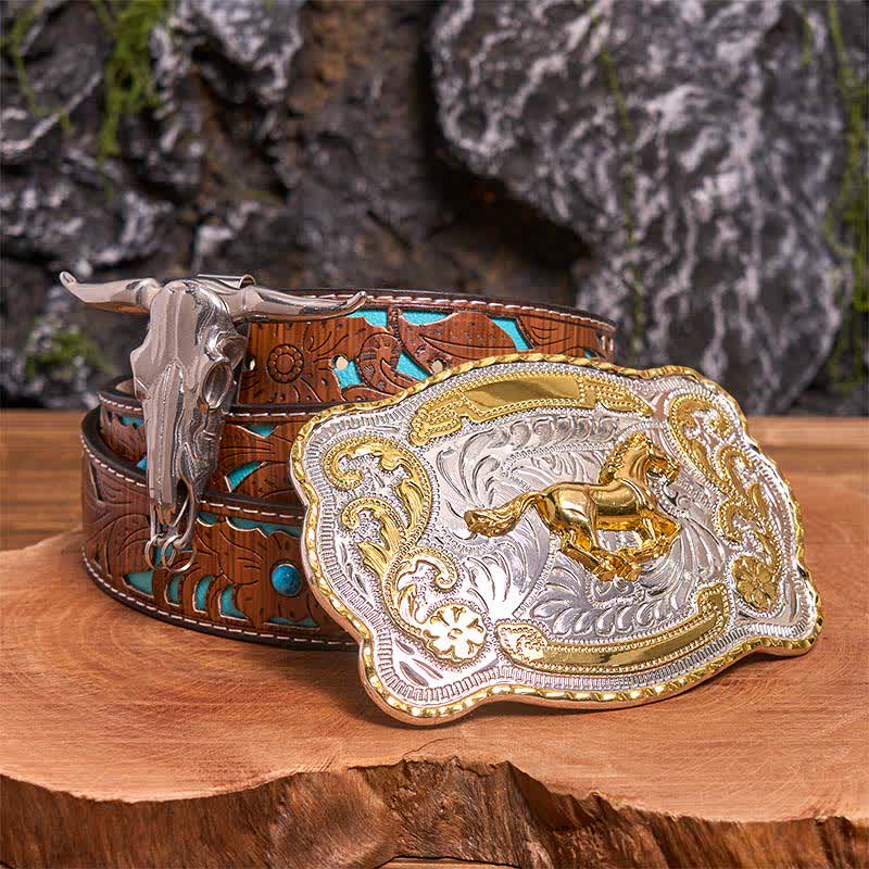 Gold Eagle Head DIY Belt Buckle Longhorn Bull Pendant Bundle Set - Horse - Turquoise Carved Belt - 42 - image 4