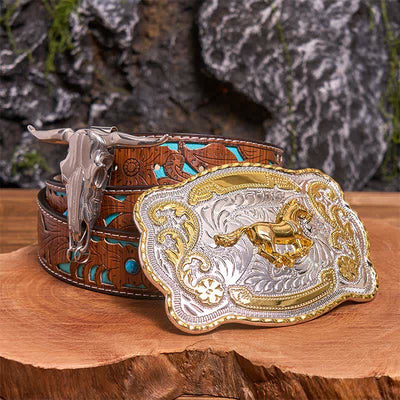 Gold Eagle Head DIY Belt Buckle Longhorn Bull Pendant Bundle Set - Horse - Turquoise Carved Belt - 42 - image 4