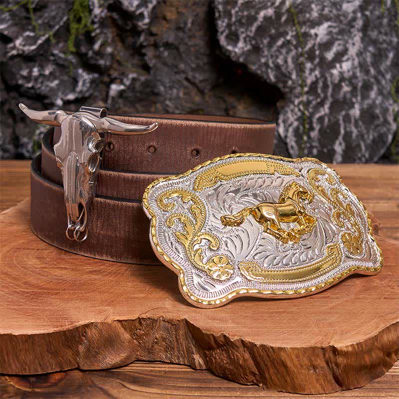 Gold Eagle Head DIY Belt Buckle Longhorn Bull Pendant Bundle Set - Horse - Brown Distressed Belt - 42 - image 6