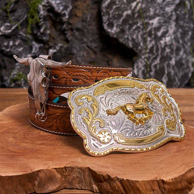 Gold Eagle Head DIY Belt Buckle Longhorn Bull Pendant Bundle Set - Horse - Brown Feather Belt - 40 - image 0