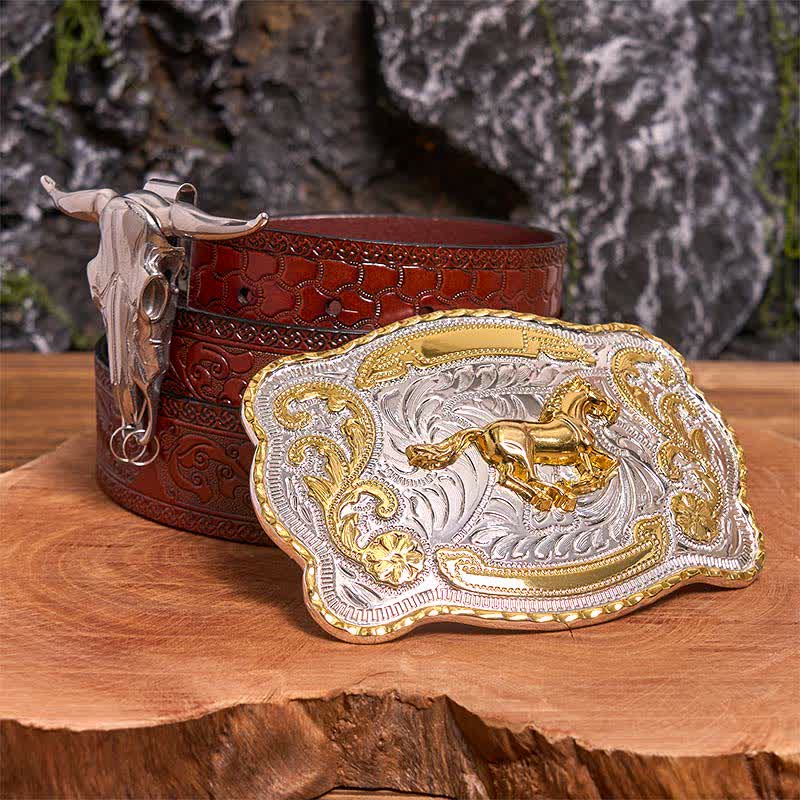 Gold Eagle Head DIY Belt Buckle Longhorn Bull Pendant Bundle Set - Horse - Brown Carved Belt - 42 - image 7