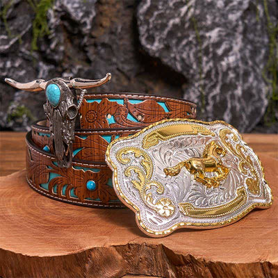 Gold Horse DIY Belt Buckle Turquoise Longhorn Bull Pendant Bundle Set - Horse - Turquoise Carved Belt - 42 - image 4