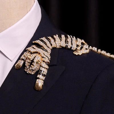 Men's Majestic Tiger Large Luxury Sparkling Rhinestone Brooch - Gold - image 10