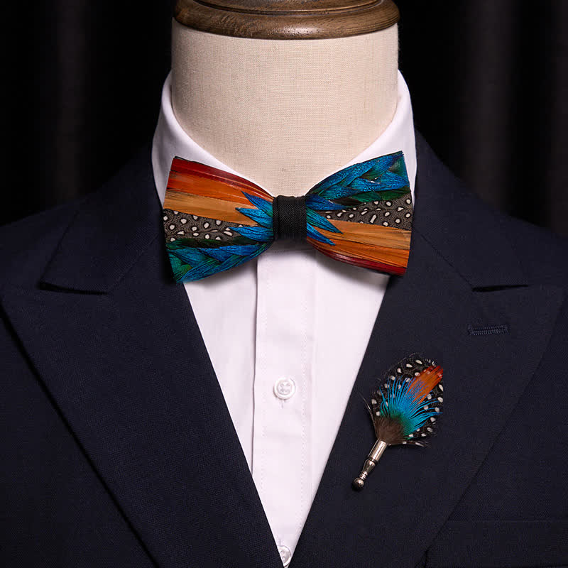Multi-color Diagonal Rainbow Feather Bow Tie With Lapel Pin - image 1