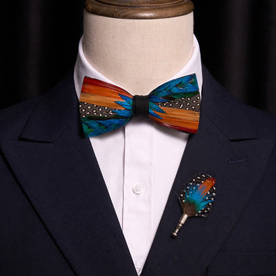 Multi-color Diagonal Rainbow Feather Bow Tie With Lapel Pin - image 1