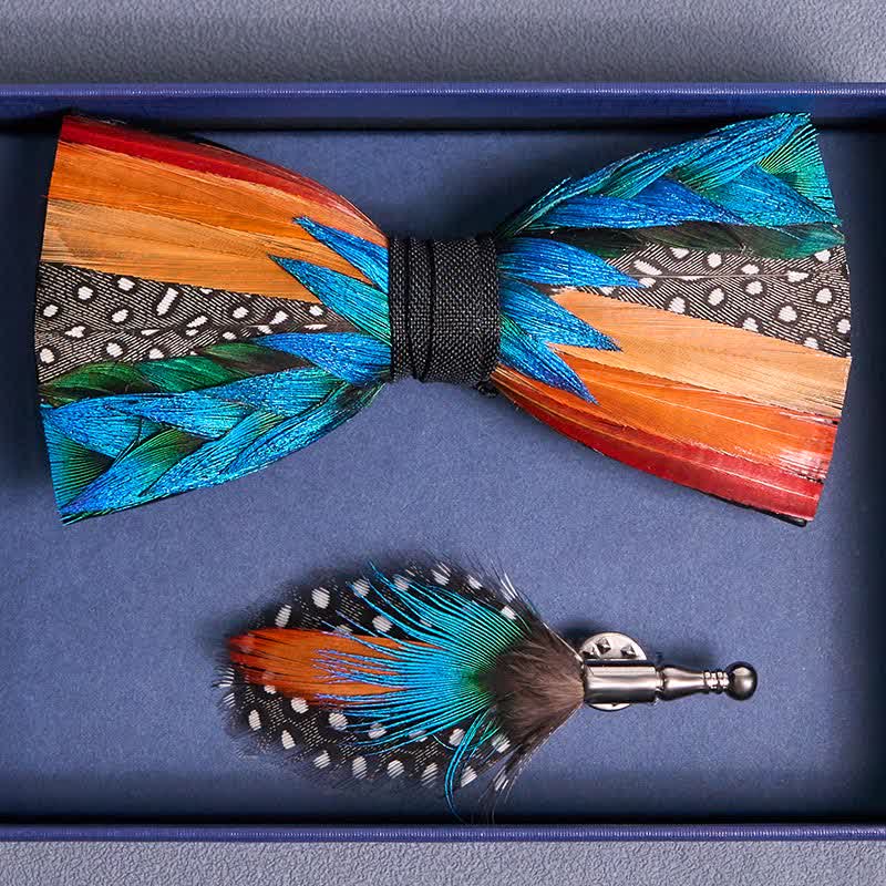 Multi-color Diagonal Rainbow Feather Bow Tie With Lapel Pin - image 3