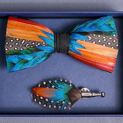 Multi-color Diagonal Rainbow Feather Bow Tie With Lapel Pin - image 3