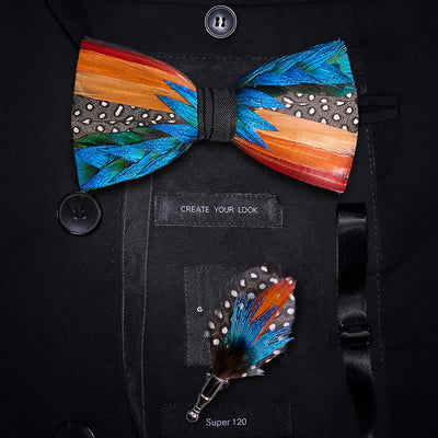 Multi-color Diagonal Rainbow Feather Bow Tie With Lapel Pin - Multi-color - image 0