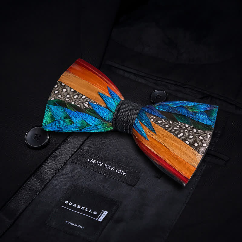 Multi-color Diagonal Rainbow Feather Bow Tie With Lapel Pin - image 2