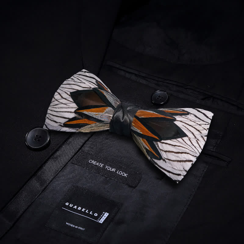 Gray & White Web-like Feather Bow Tie With Lapel Pin - image 2