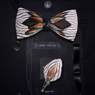 Gray & White Web-like Feather Bow Tie With Lapel Pin - Gray & White - image 0