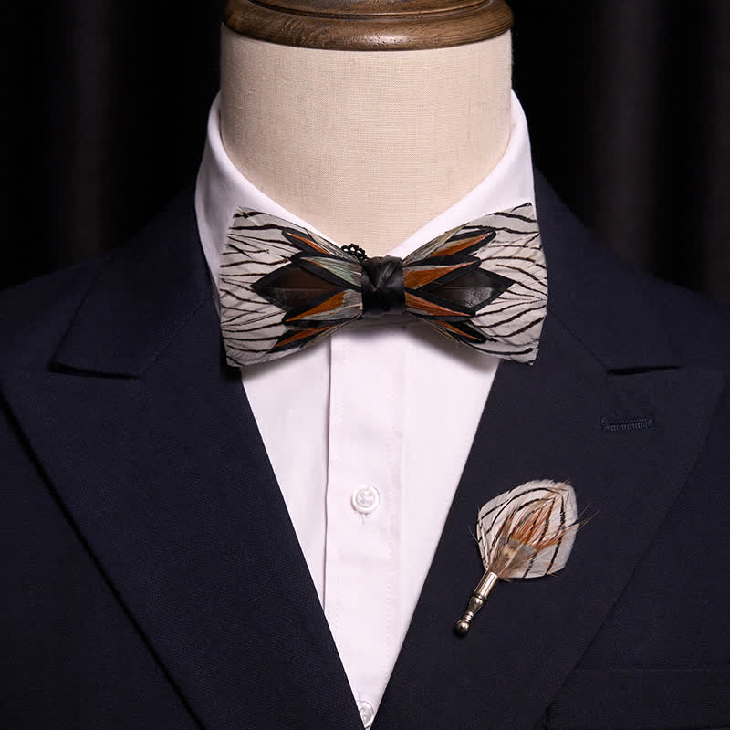 Gray & White Web-like Feather Bow Tie With Lapel Pin - image 1