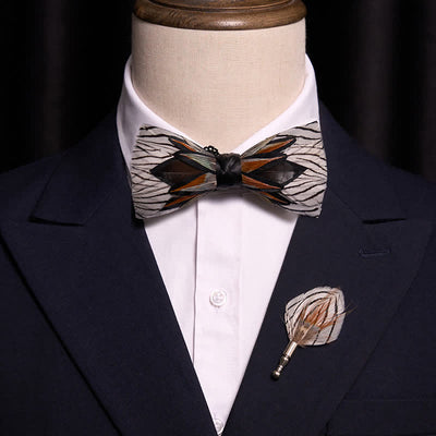 Gray & White Web-like Feather Bow Tie With Lapel Pin - image 1