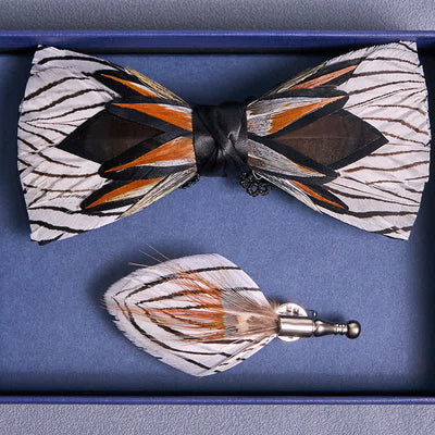 Gray & White Web-like Feather Bow Tie With Lapel Pin - image 3