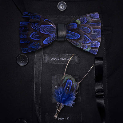 Royal Blue & Black Peacock Feather Bow Tie with Lapel Pin - MidnightBlue & Black - image 0