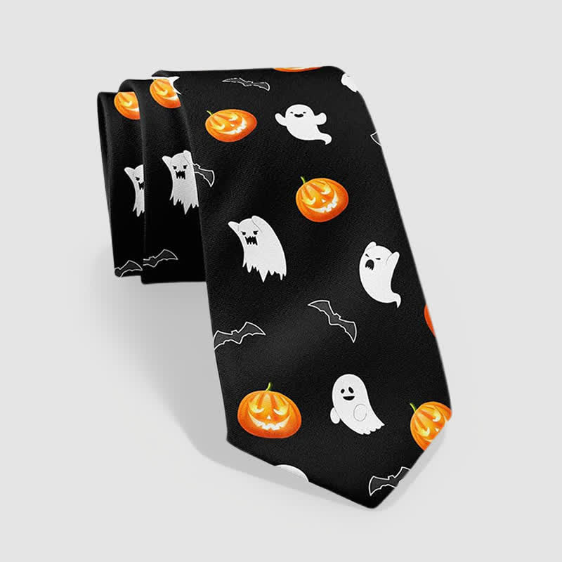 Black & Orange Halloween Ghost Pumpkin Pattern Necktie - Black & Orange - image 0
