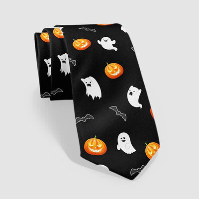 Black & Orange Halloween Ghost Pumpkin Pattern Necktie - Black & Orange - image 0