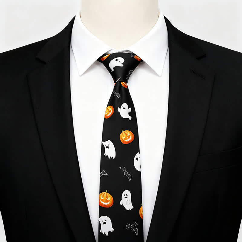 Black & Orange Halloween Ghost Pumpkin Pattern Necktie - image 1