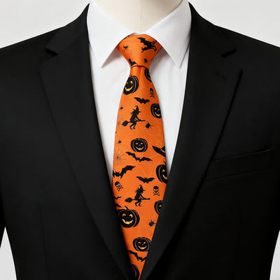 Orange Halloween Witch Bat Pumpkin Pattern Necktie - image 1