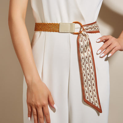 Printed Silk Scarf Woven Double Loop Buckle Women's Belt - Orange - image 0