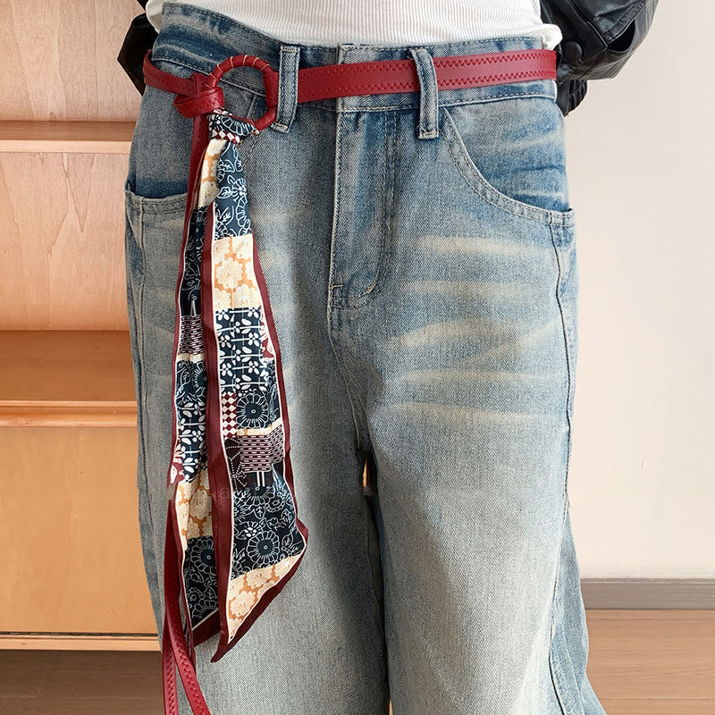 Fashion Leather Printed Silk Scarf Women's Belt - Red - image 2