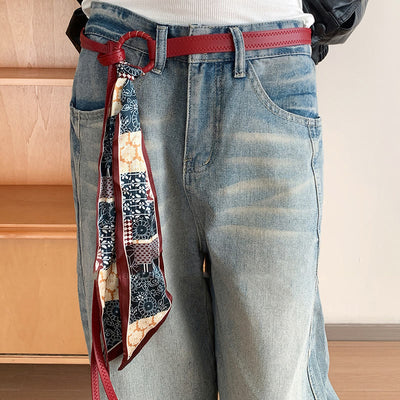Fashion Leather Printed Silk Scarf Women's Belt - Red - image 2