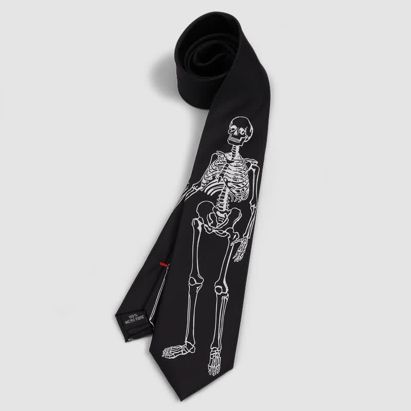 Black & White Embroidered Skull Skeleton Halloween Necktie - Black - image 0