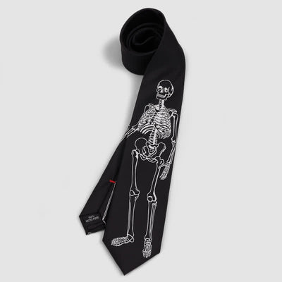 Black & White Embroidered Skull Skeleton Halloween Necktie - Black - image 0