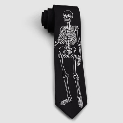 Black & White Embroidered Skull Skeleton Halloween Necktie - image 2