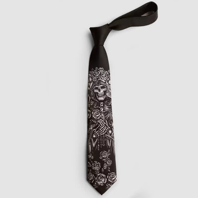 Black & White Rose Skull Cross Halloween Party Necktie - image 2