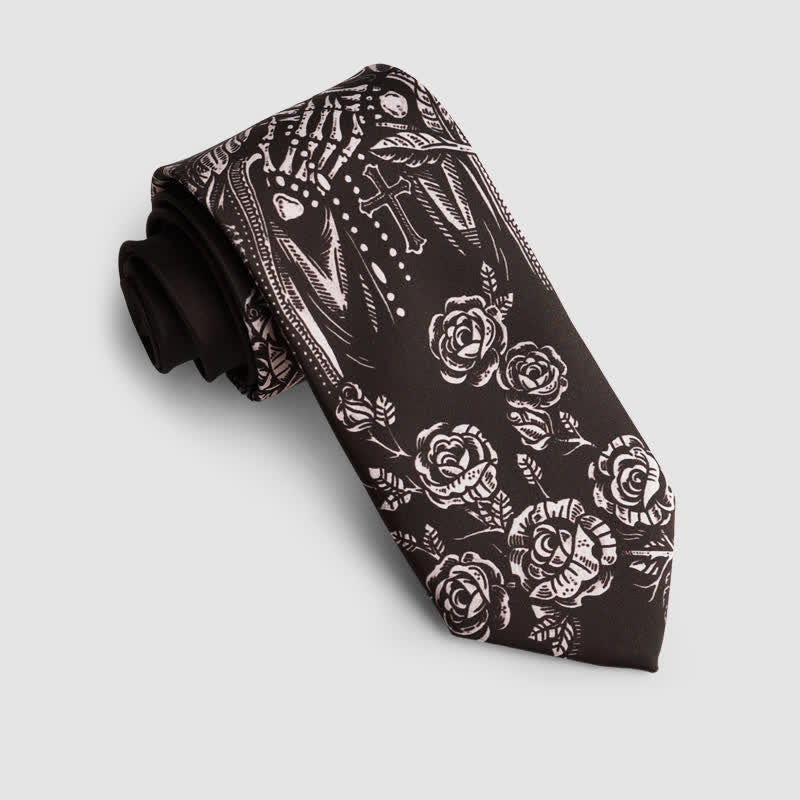Black & White Rose Skull Cross Halloween Party Necktie - Black & White - image 0