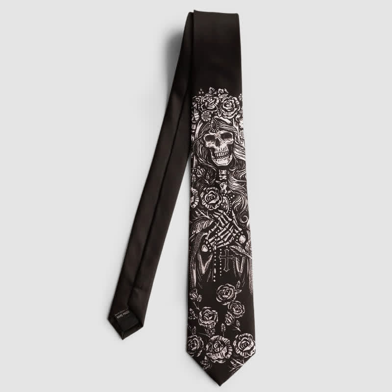 Black & White Rose Skull Cross Halloween Party Necktie - image 1