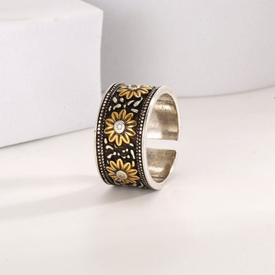 Adjustable Retro Silver Dyed Black Flower Ring - Silver - Adjustable - image 0