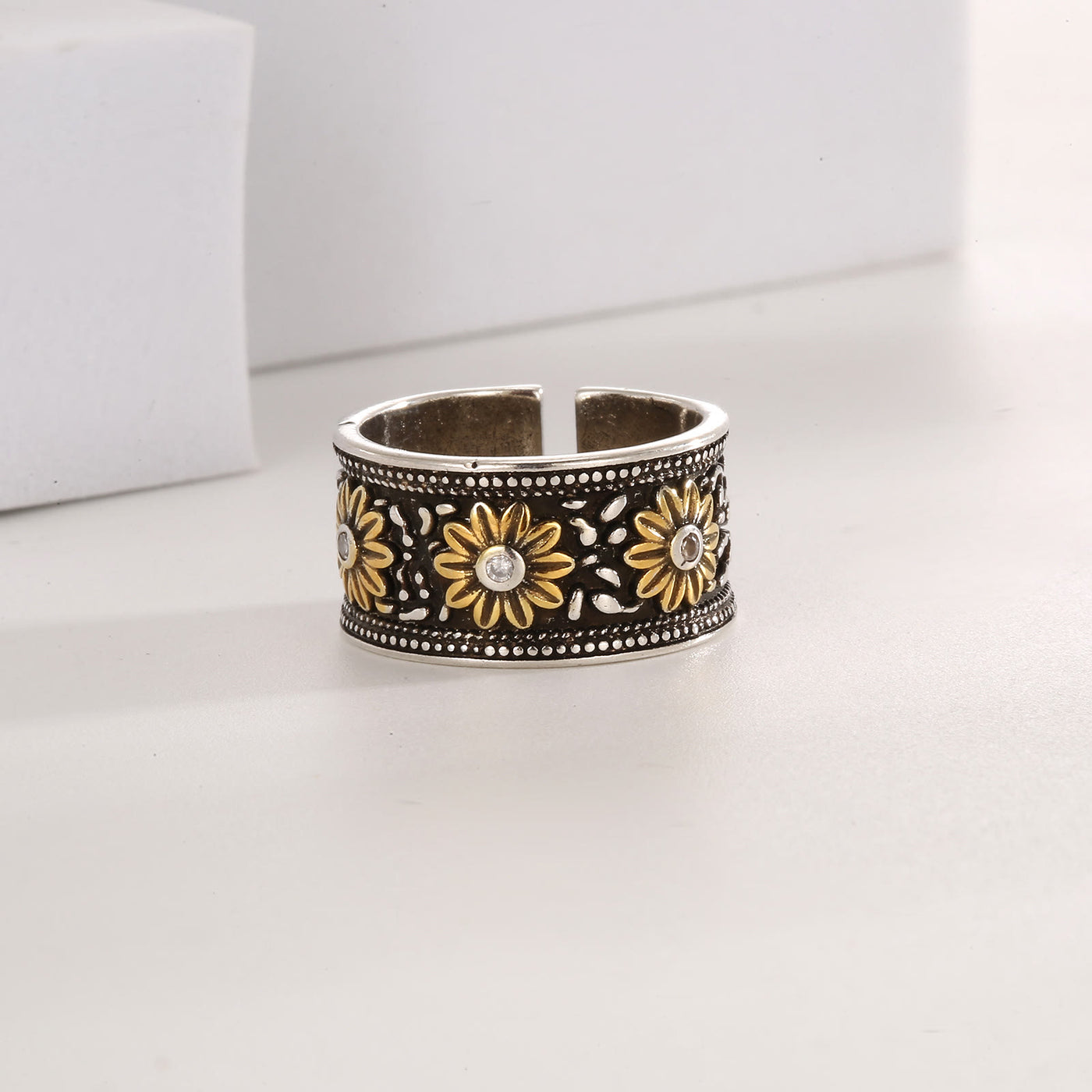 Adjustable Retro Silver Dyed Black Flower Ring - image 2