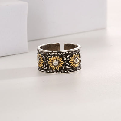 Adjustable Retro Silver Dyed Black Flower Ring - image 2