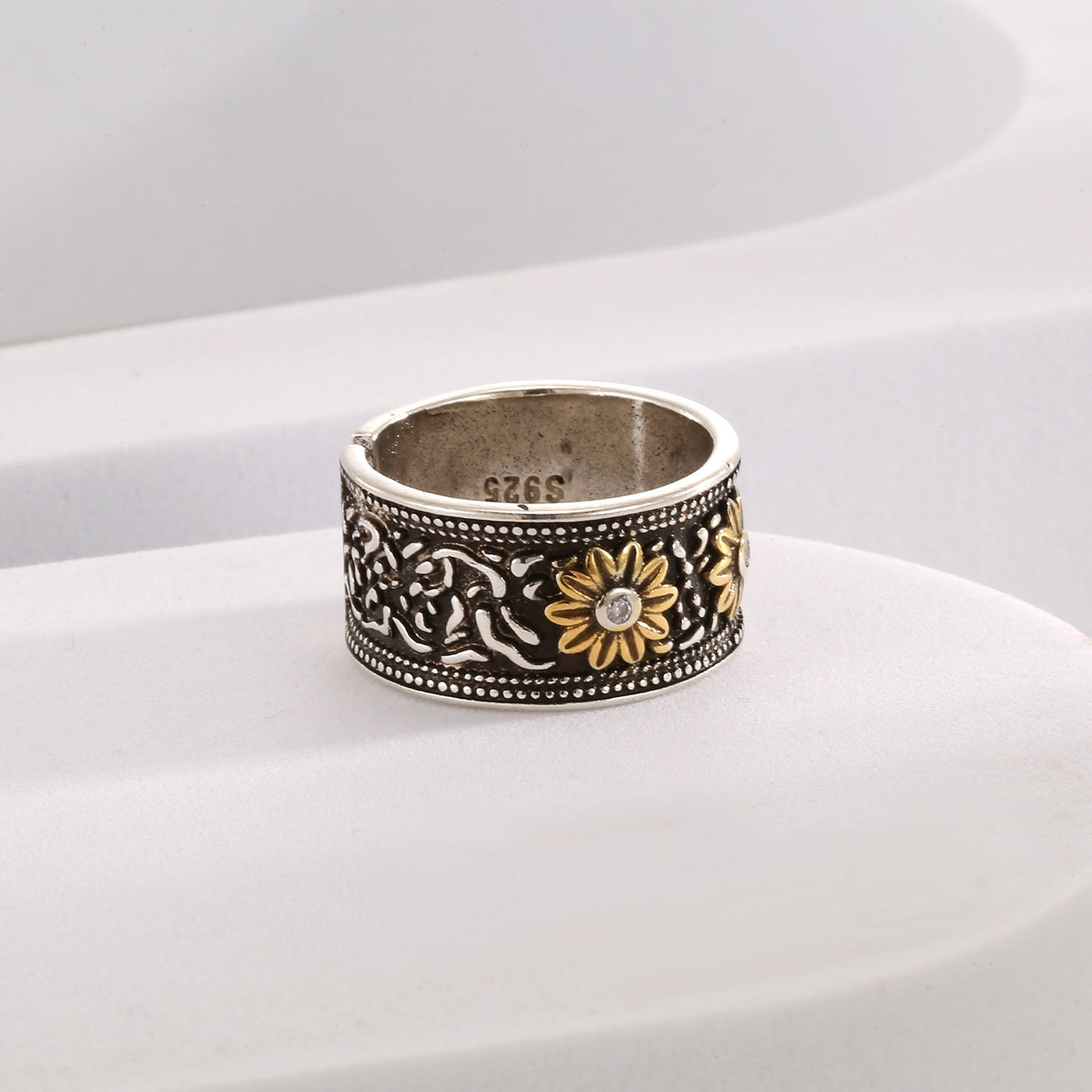 Adjustable Retro Silver Dyed Black Flower Ring - image 3