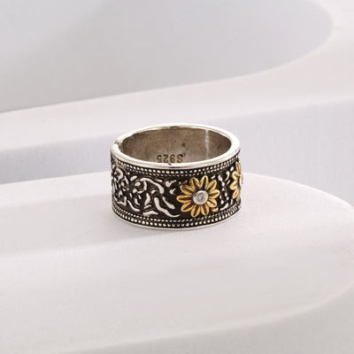 Adjustable Retro Silver Dyed Black Flower Ring - image 3