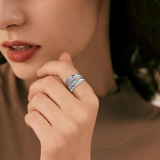 Silver Bohemian Style Inlaid Turquoise Feather Ring - image 2