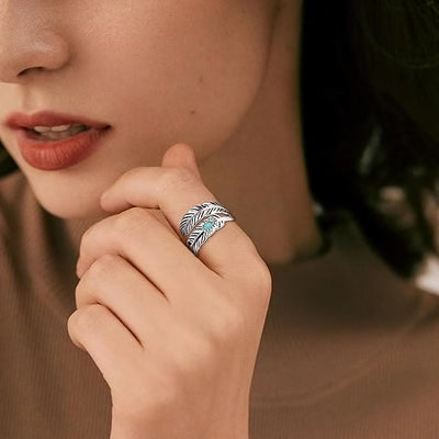 Silver Bohemian Style Inlaid Turquoise Feather Ring - image 2