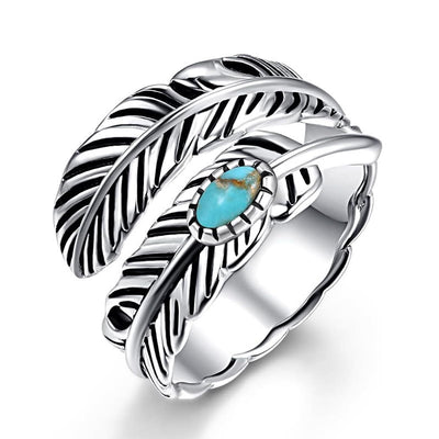 Silver Bohemian Style Inlaid Turquoise Feather Ring - Silver - Adjustable - image 0