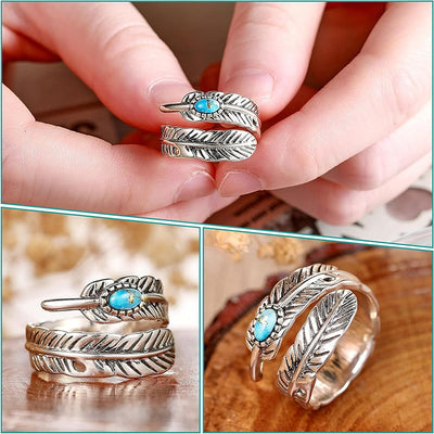Silver Bohemian Style Inlaid Turquoise Feather Ring - image 3