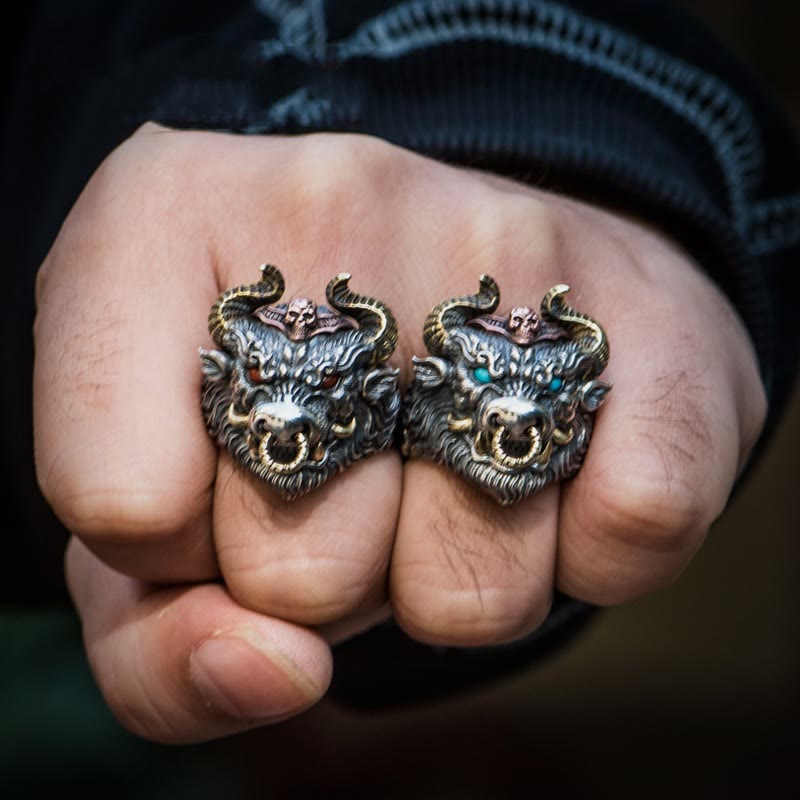 FT: Men's Domineering Bull Turquoise Eyes Adjustable Ring - image 1