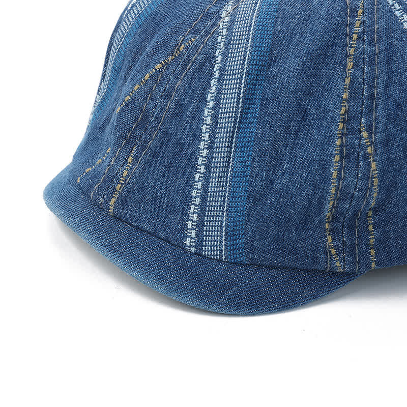 Denim Striped Newsboy Cap Octagonal Beret Hat - image 7