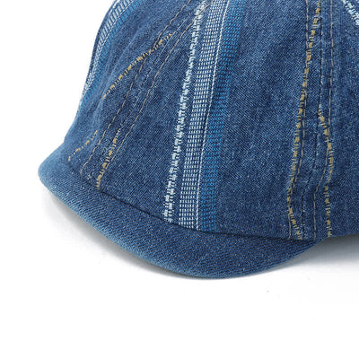 Denim Striped Newsboy Cap Octagonal Beret Hat - image 7