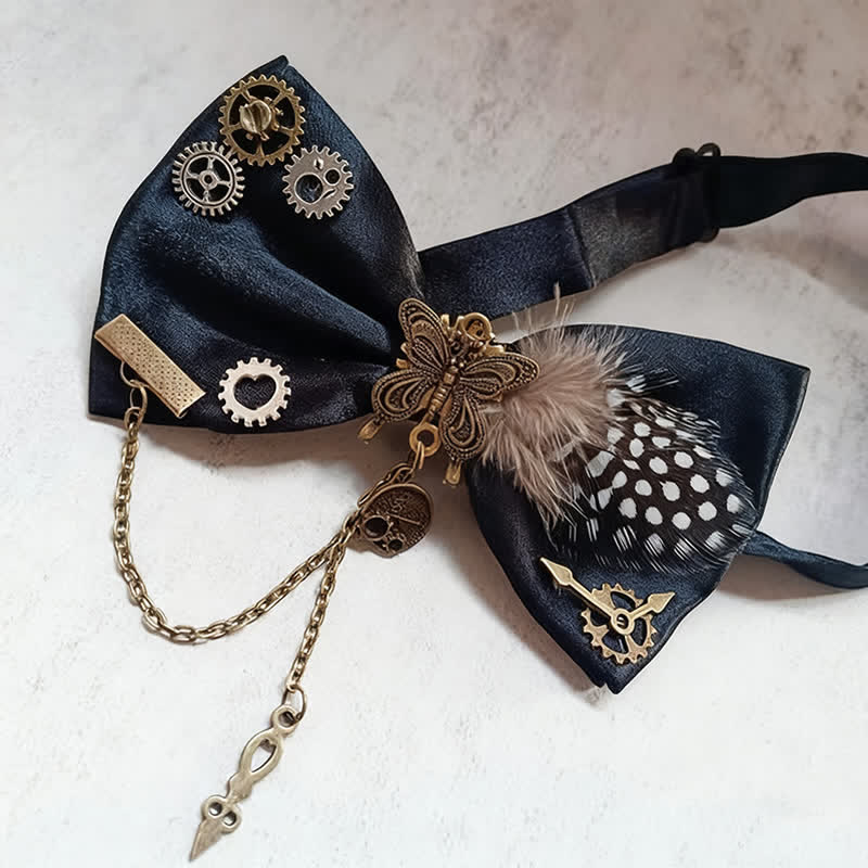 Steampunk Style Gears White Spots Feather Bow Tie - image 1