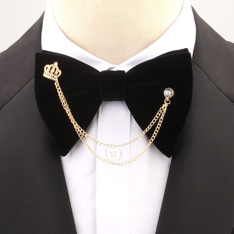 Golden Chain Solid Color Velvet Oversized Pointed Bow Tie - Black - image 2