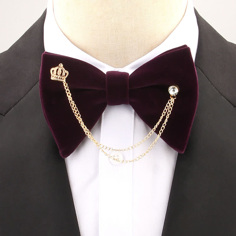 Golden Chain Solid Color Velvet Oversized Pointed Bow Tie - Dark Purple - image 7