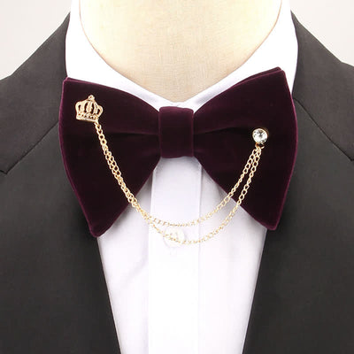 Golden Chain Solid Color Velvet Oversized Pointed Bow Tie - Dark Purple - image 7