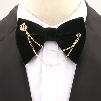 Golden Chain Solid Color Velvet Oversized Pointed Bow Tie - Dark Green - image 5